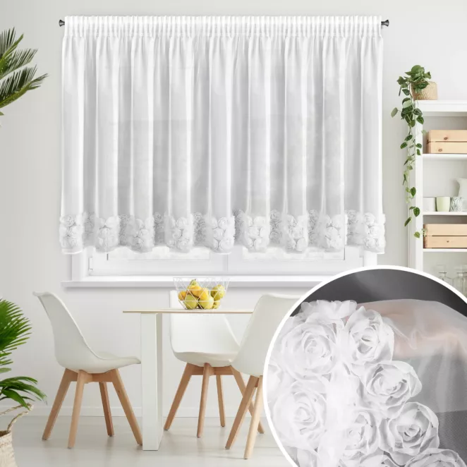 Firana biała z siateczki zdobiona aplikacją 3D w róże 350x160 cm taśma - ROSES3 - Eva Minge
