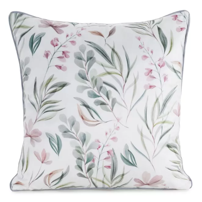 Poszewka na poduszkę 45x45 cm welwetowa, biało zielona z nadrukiem pastelowych kwiatów VELVET 149 Eurofirany Premium