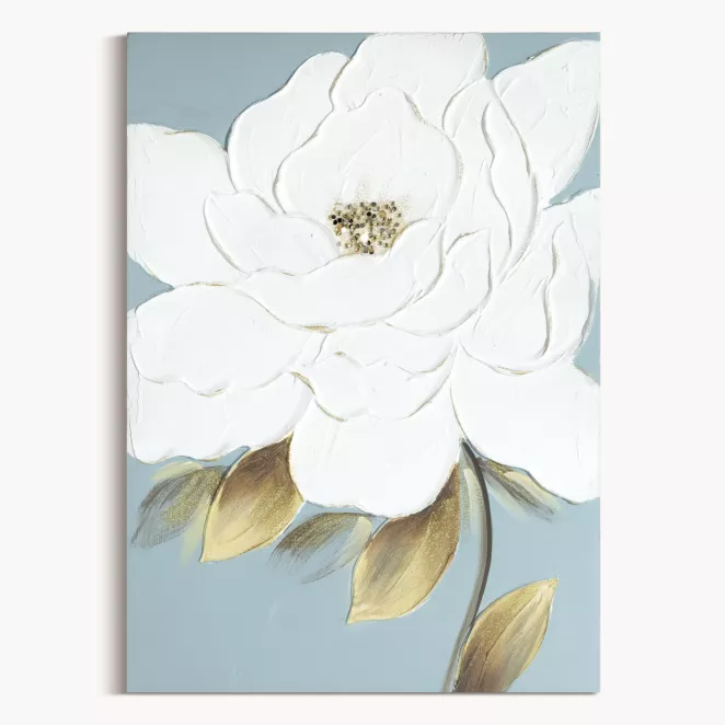 Obraz kremowy, jasnoniebieski ręcznie malowany z motywem roślinnym 50x70 cm