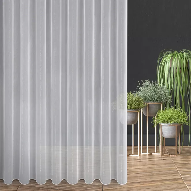 Firana szyta na taśmie 5 cm kremowo brązowa w stylu eko, z efektem deszczyku, zdobiona pionowymi paseczkami, wykończona obciążnikiem