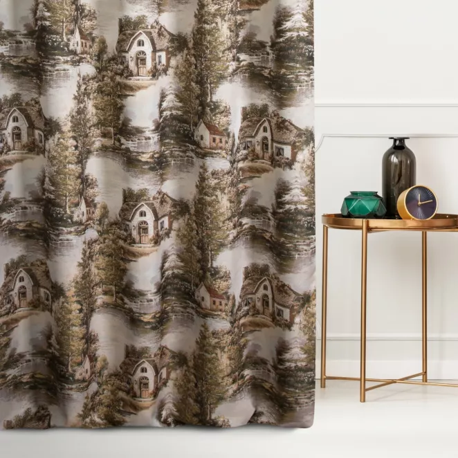 Zasłona szyta na taśmie 5 cm beżowo brązowa z tkaniny o rustykalnym wzorze Italissima Eva Minge