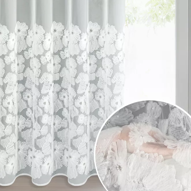 Firana biała z siateczki zdobiona kwiatami z dodatkiem drobnych perełek 3D 140x250 cm przelotka - JASMIN 2 Eva Minge