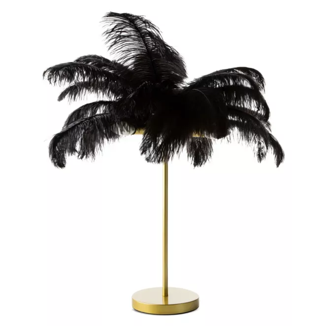 Lampa stołowa do salonu czarno, złota FERI na metalowej podstawie z niezwykle efektownym abażurem z naturalnych strusich piór