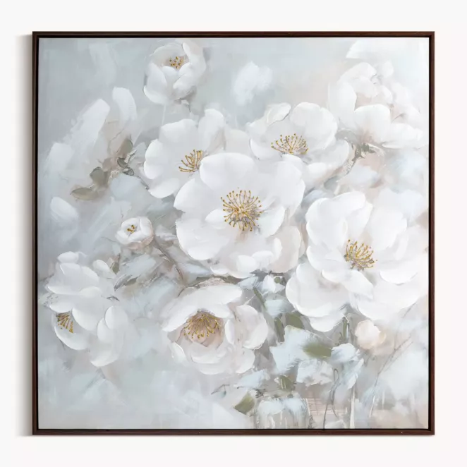 Obraz kremowo, błękitny ręcznie malowany w bukiet subtelnych kwiatów na płótnie 80x80 cm