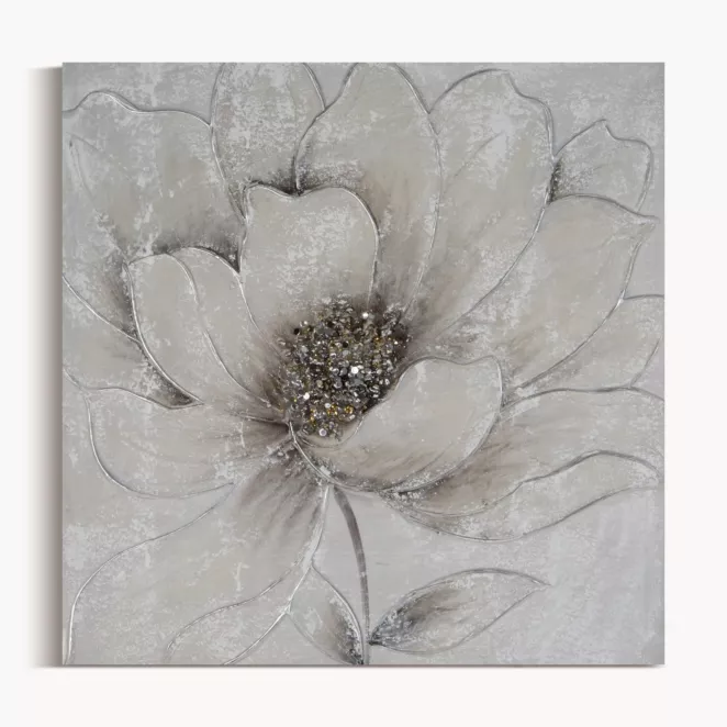 Obraz roślinny szaro, srebrzysty ręcznie malowany na płótnie kwiat z dodatkami cyrkonii 50x50 cm FLOWERY 2
