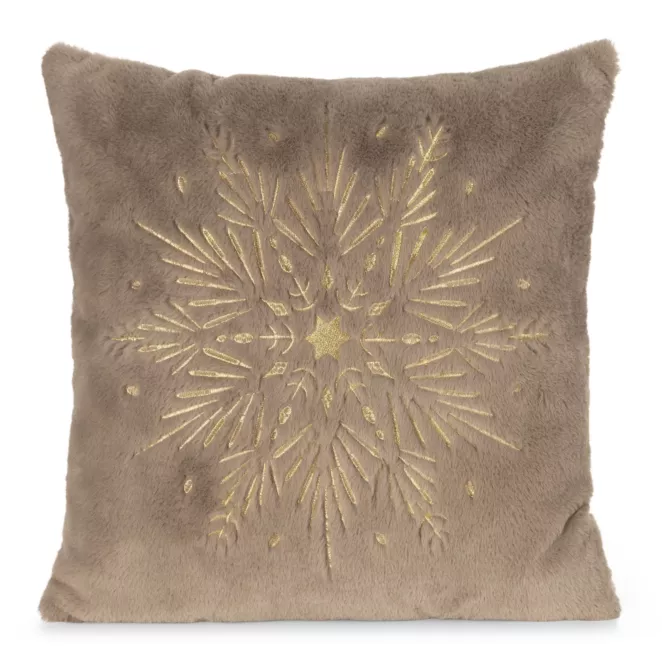 Poszewka na poduszkę świąteczna 45x45 cm jasnorązowo, szampańska z przyjemnego futerka zdobiona haftem śnieżynki
