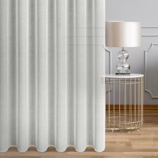 Firana szyta na taśmie 5 cm naturalna z tkaniny o naturalnym splocie, typu ETAMINA, wykończonej obciążnikiem