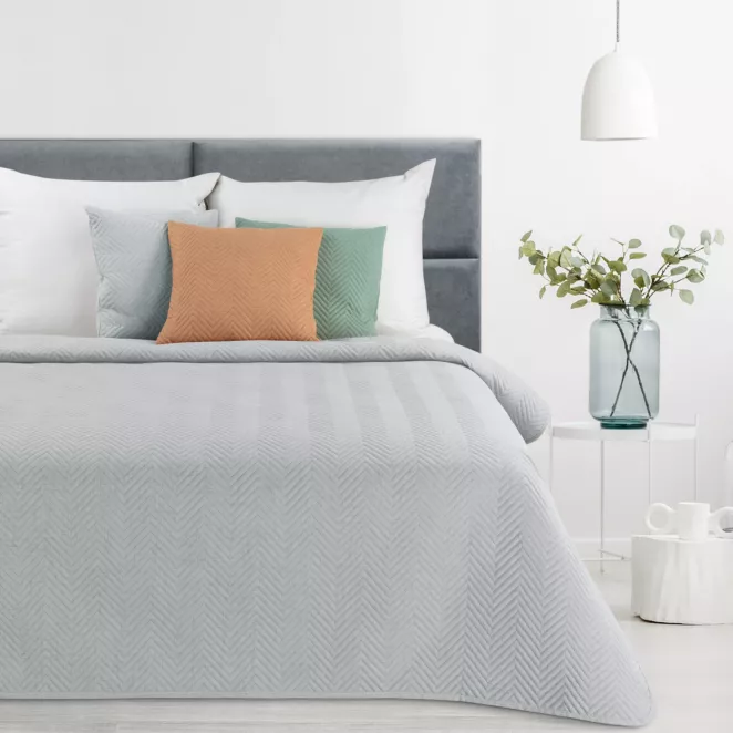 Narzuta z tkaniny o strukturze lnu srebrna 170x210 cm pikowana w wzór jodełki LEN 3 Eurofirany Premium