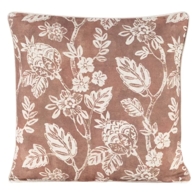 Poszewka na poduszkę 50x50 cm bawełniana z dodatkiem lnu ceglasto, kremowa zdobiona nadrukiem roślinnym  LEN
