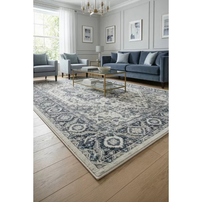 Dywan 60x100 cm niebiesko, kremowy z klasycznym wzorem w stylu vintage ELORA 2