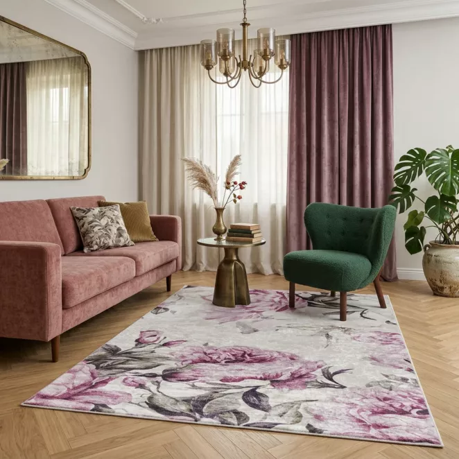 Dywan 160x220 cm różowo, kremowy z motywem kwiatu peonii LOTUS 2