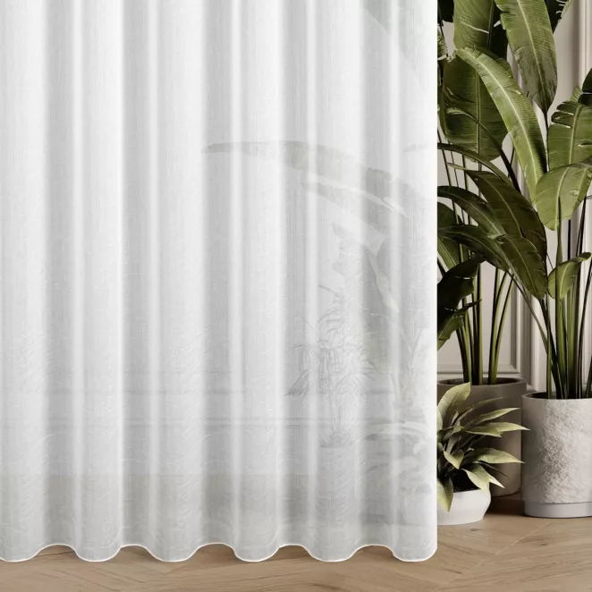 Firana szyta na taśmie 5 cm biała z matowej tkaniny o wyglądzie deszczyku, z efektem kreszowania, wykończona obciążnikiem