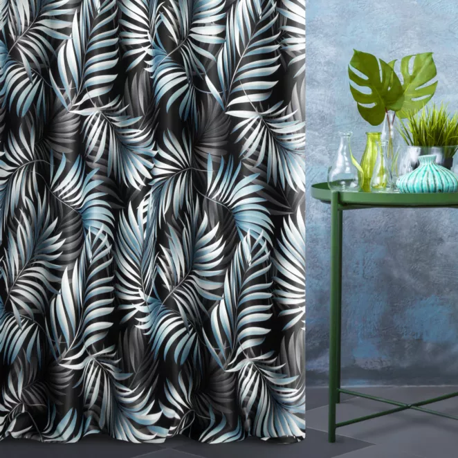 Tkanina zasłonowa zaciemniająca typu dimout,  z nadrukiem, z motywem egzotycznych liści
