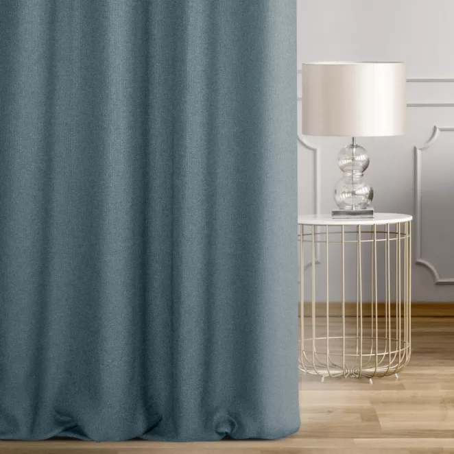 Zasłona szyta na taśmie 5 cm niebieska z tkaniny o naturalnym splocie w stylu eko