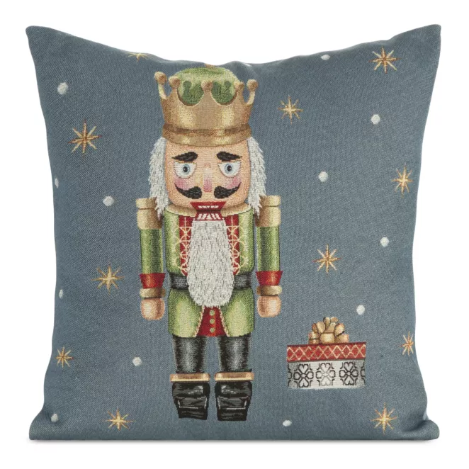 Poszewka na poduszkę 45x45 cm bawełniana , gobelinowa popielato zielona zdobiona wzorem dziadka do orzechów GOB