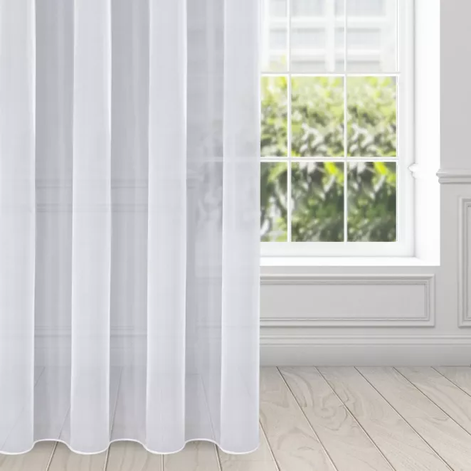 Firana biała z gładkiego mlecznego woalu wykończona szwem obciążającym VIOLET 500x240 cm taśma