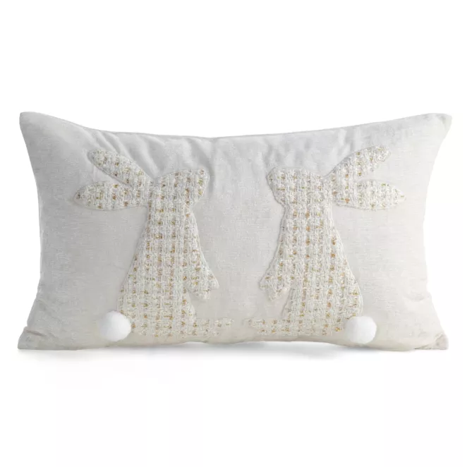 Wielkanocna poszewka na poszewkę 30x50 cm z szenilowej tkaniny kremowo, biała zdobiona aplikacją zajączków WIOSNA 152