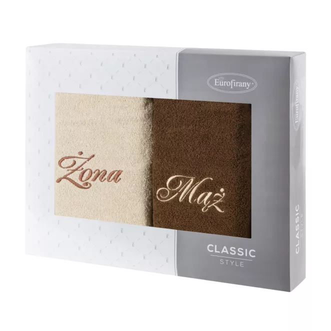 Zestaw ręczników bawełnianych na prezent 2 szt 50x90 cm z haftem Żona i Mąż kolor beżowy,brązowy 400 g/m2