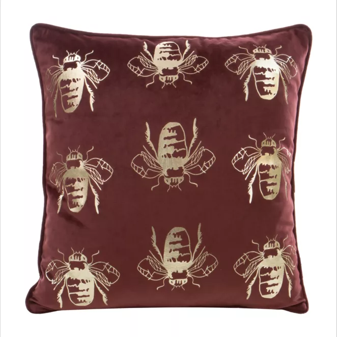 Poszewka na poduszkę 45x45 cm welwetowa kolor ciemnobordowy złocisty z motywem pszczół BILNK