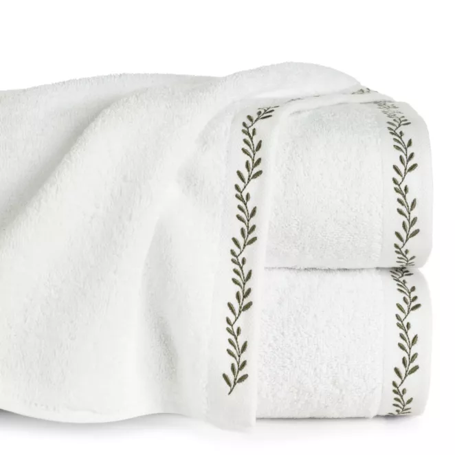 Ręcznik do rąk 30x50 cm bawełniany kolor biało, oliwkowy zdobiony haftowaną bordiurą 500 g/m2 SELENE