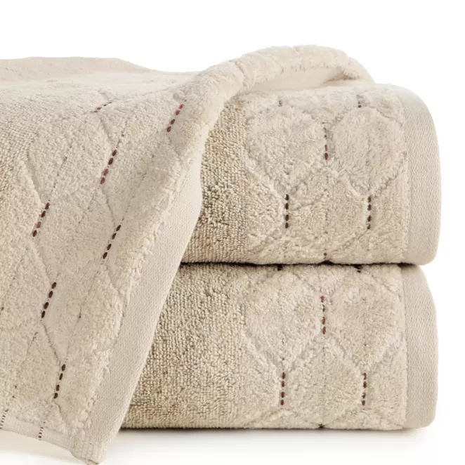 Ręcznik kąpielowy 50x90 cm bawełniany kolor beżowy z welwetową geometryczną bordiurą 500 g/m2 LUMIA