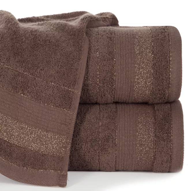 Ręcznik kąpielowy 50x90 cm bawełniany kolor ciemnobrązowy w pasy przetykany błyszczącą nicią 500 g/m2 APRIL
