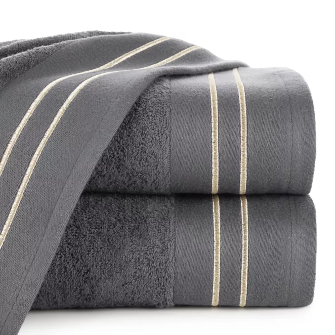 Ręcznik do rąk 30x50 cm bawełniany kolor stalowy z haftowanymi paseczkami 500 g/m2 OLIVIA