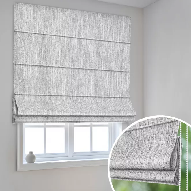 Roleta rzymska popielato czarna z tkaniny o wyraźnym splocie z efektem melanżu