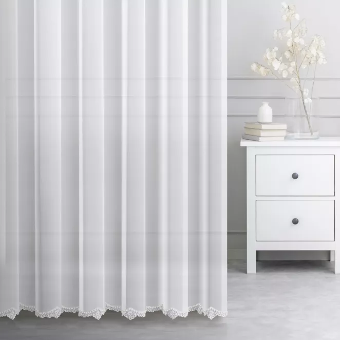 Firana szyta na taśmie 5 cm JANNA naturalna z delikatnej tkaniny ozdobionej haftem i perełkami