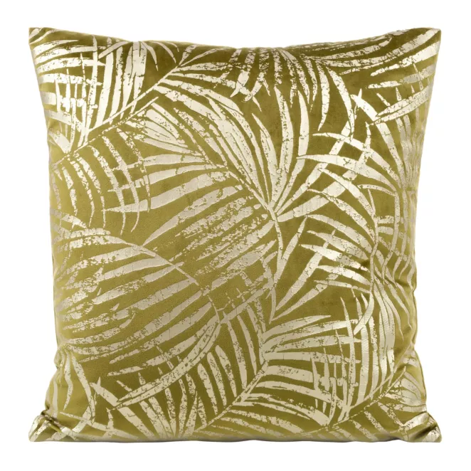 Poszewka na poduszkę 45x45 cm welwetowa oliwkowa ze złocistym nadrukiem liści BLINK 26