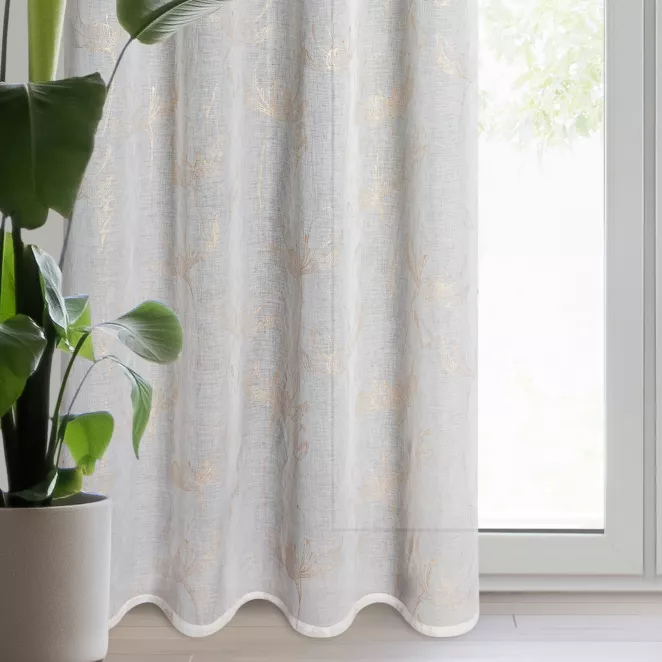 Dekoracja okienna biało, złocista z etaminy z nadrukiem kwiatów 140x250 cm przelotka Amalia