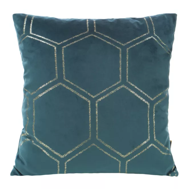 Poszewka na poduszkę 45x45 cm welwetowa ciemnoturkusowa ze złotym wzorem plastra miodu BLINK