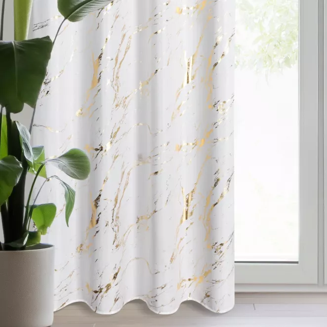 Zasłona biało, złocista zdobiona nadrukiem marmurku 140x250 cm przelotka LANI