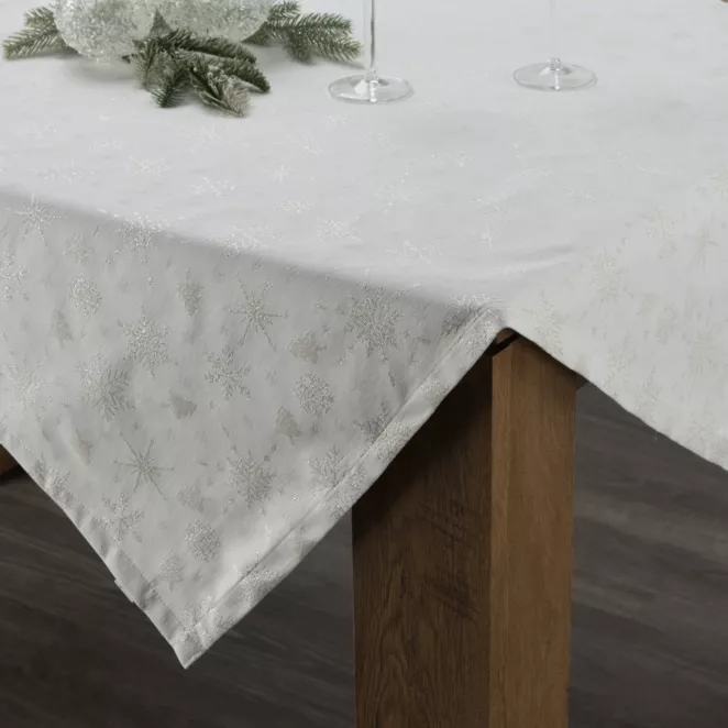 Bieżnik na stół kremowy 85x85 cm z żakardowej tkaniny FLASH świąteczny z motywem jasnozłotych śnieżynek