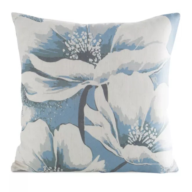 Poszewka na poduszkę 45x45 cm o strukturze lnu z nadrukiem subtelnych kwiatów kremowo, niebieska LEN