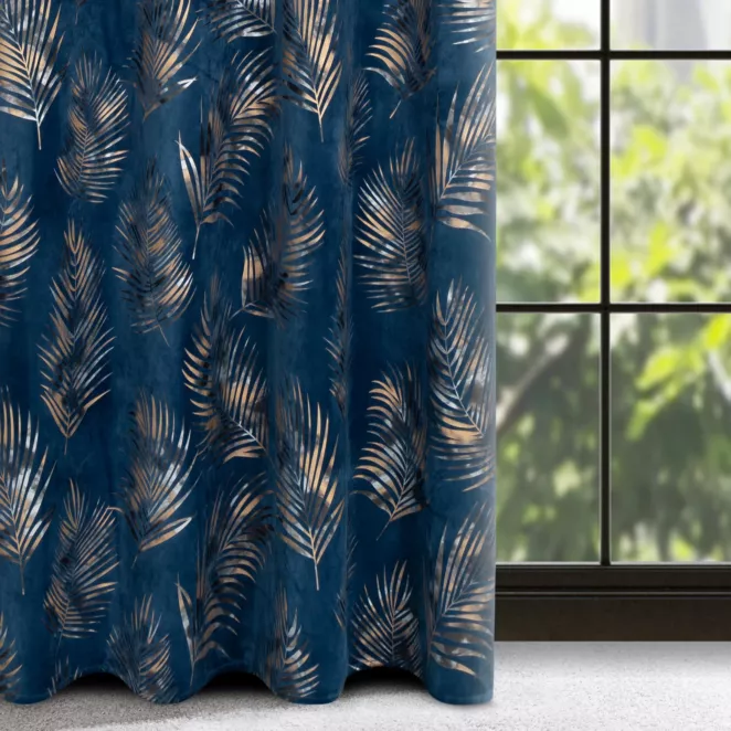 Zasłona welwetowa granatowo, szampańska z błyszczącym nadrukiem palmowych liści 140x250 cm przelotka - GLORIA 2