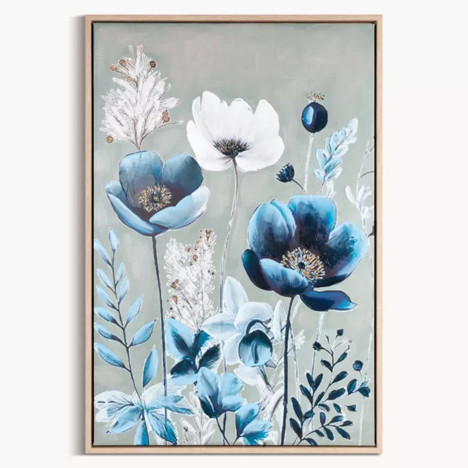 Obraz niebiesko, biały nadruk na płótnie w kwiaty 60x90 cm