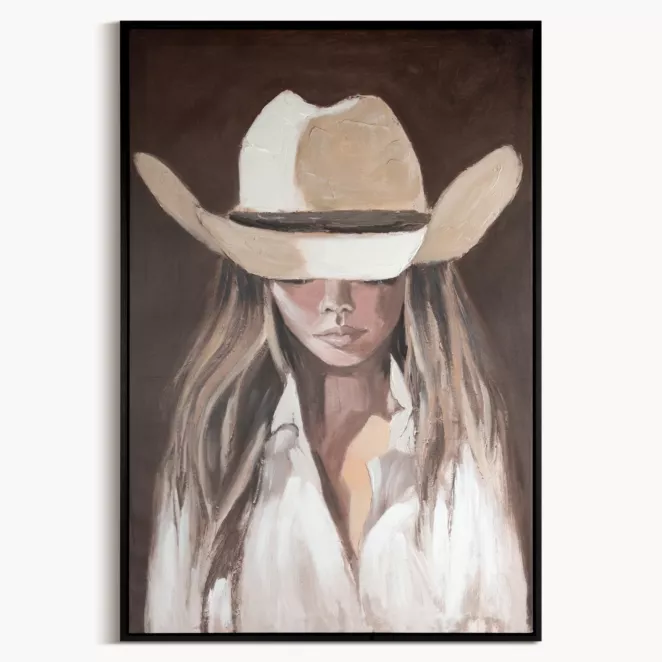 Obraz brązowo, kremowy nadruk na płótnie portret kobiety w kapeluszu 80x120 cm