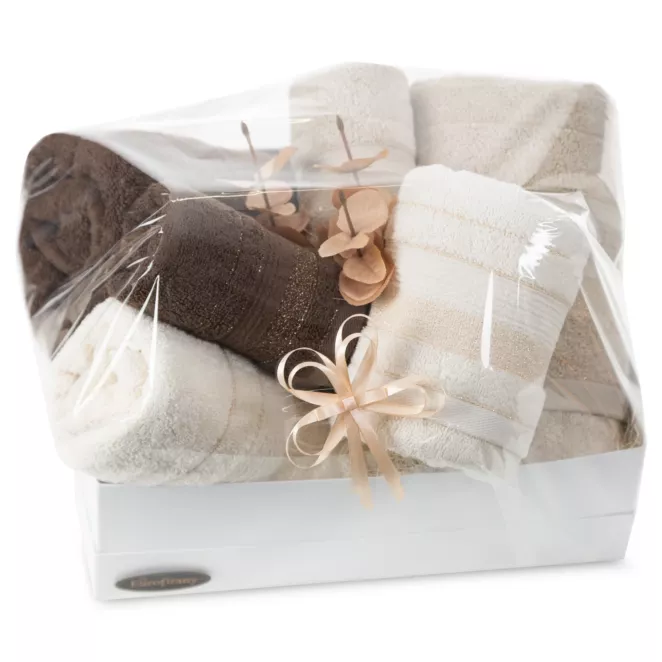 Zestaw ręczników bawełnianych na prezent 2 szt 30x50 cm, 2 szt 50x90 cm, 2 szt 70x140 cm kolor ciemnobrązowy, kremowy