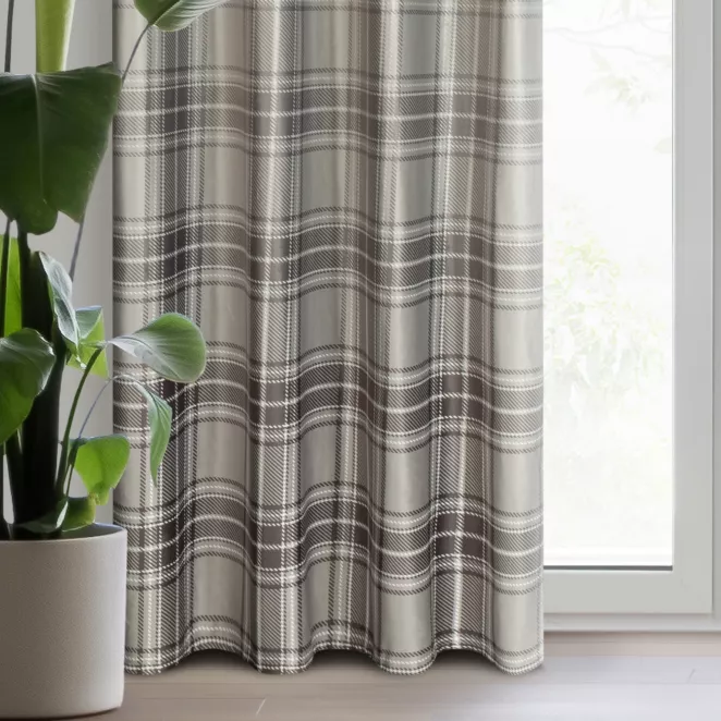 Zasłona beżowa w kratę z miękkiego welwetu 140x250 cm przelotka - HOLLY