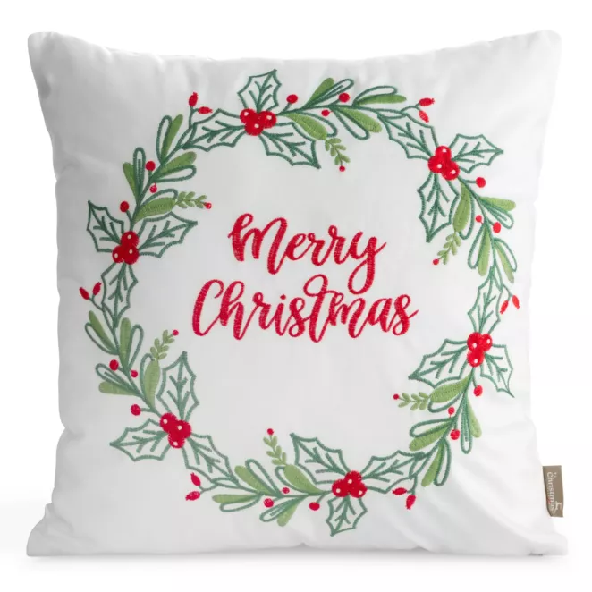Poszewka na poduszkę świąteczna 45x45 cm  welwetowa biało, zielona  zdobiona haftem