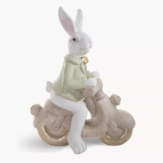Wielkanocna figurka dekoracyjna uroczego zajączka na skuterku w miętowo, beżowej kolorystyce