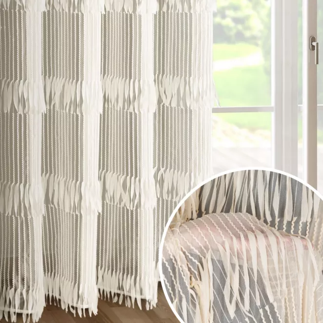 Zasłona jasnobeżowy zdobiona fantazyjnym wzorem 140x250 cm przelotka - SOTERA - Eva Minge