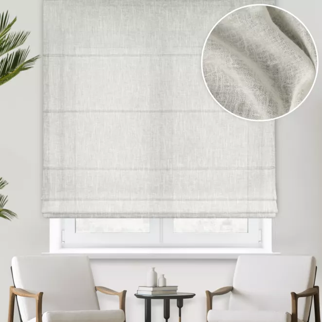 Roleta rzymska naturalna z delikatnej w dotyku etaminy w stylu eko z efektem kreszowania, wykończona obciążnikiem