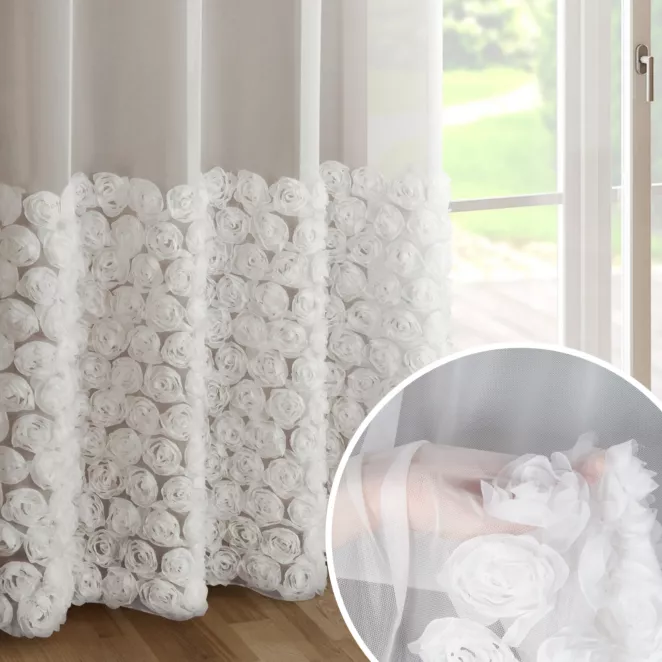 Firana biała z siateczki zdobiona aplikacją 3D w róże 140x250 cm przelotka - ROSES2 - Eva Minge