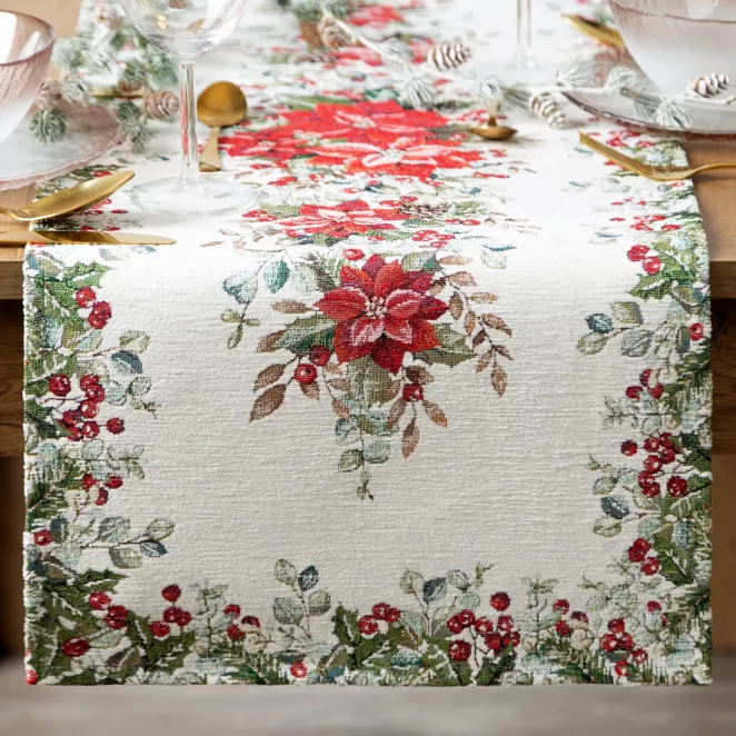Świąteczny bieżnik kolor naturalno, zielony 40x100 cm z szenilowej tkaniny zdobiony świątecznym motywem