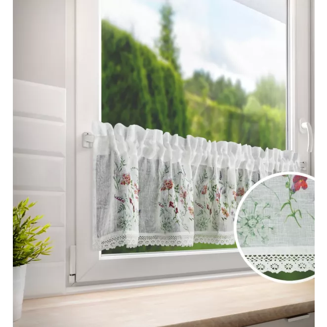 Zazdrostka biało, zielona z etaminy z nadrukiem letnich kwiatów polnych i koronką 150x30 cm tunel SYLWIA