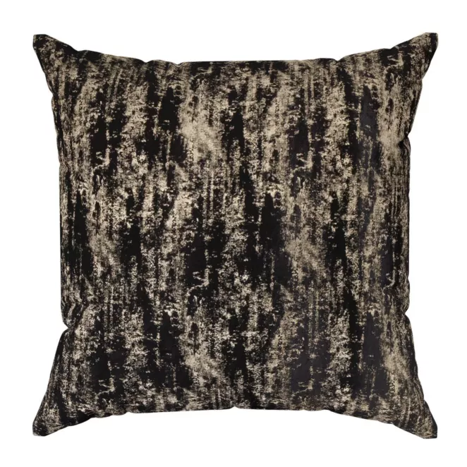 Poszewka szyta czarno złocista z grubej, welwetowej tkaniny, zdobiona delikatnie połyskującym nadrukiem