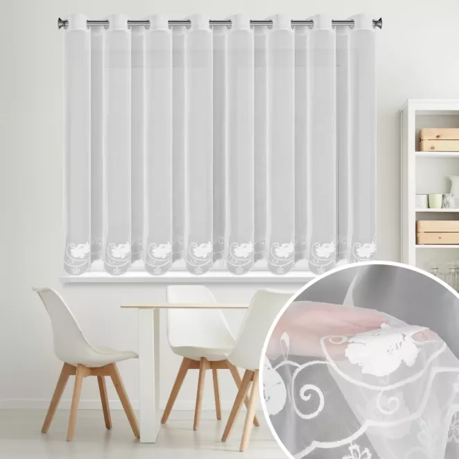 Firana biała z drobnej siateczki zdobiona subtelnym haftem 350x160 cm przelotki - LETI