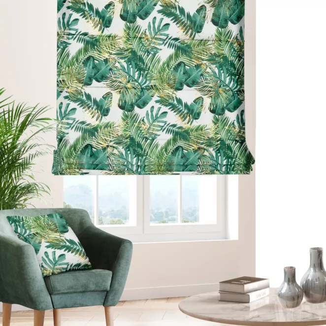 Roleta rzymska biało zielona miękka, welwetowa, z błyszczącym nadrukowanym motywem botanicznym